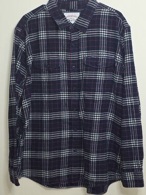 American Eagle Outfitters Navy Plaid Button-Down Shirt with White & Red Accents